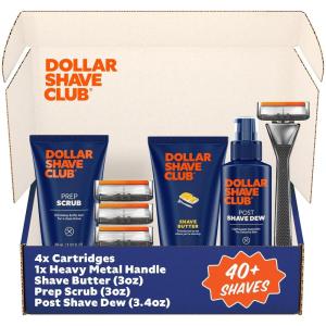 Dollar Shave Club | Total Package Gift Set | 4 Extra Close Refill Cartridges, 1 Heavy Metal Handle, 1 Prep Scrub 3 ounce, 1 Shave Butter 3 ounce, 1 Post Shave Dew 3.4 ounce, Razors for Men